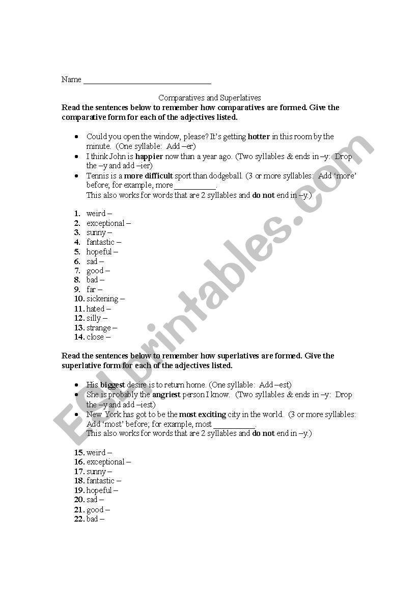Comparatives and Superlatives Test / Worksheet