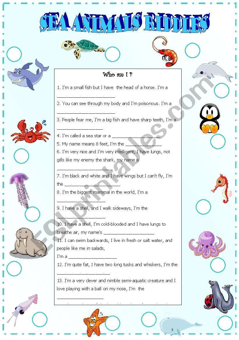 sea animals riddles worksheet