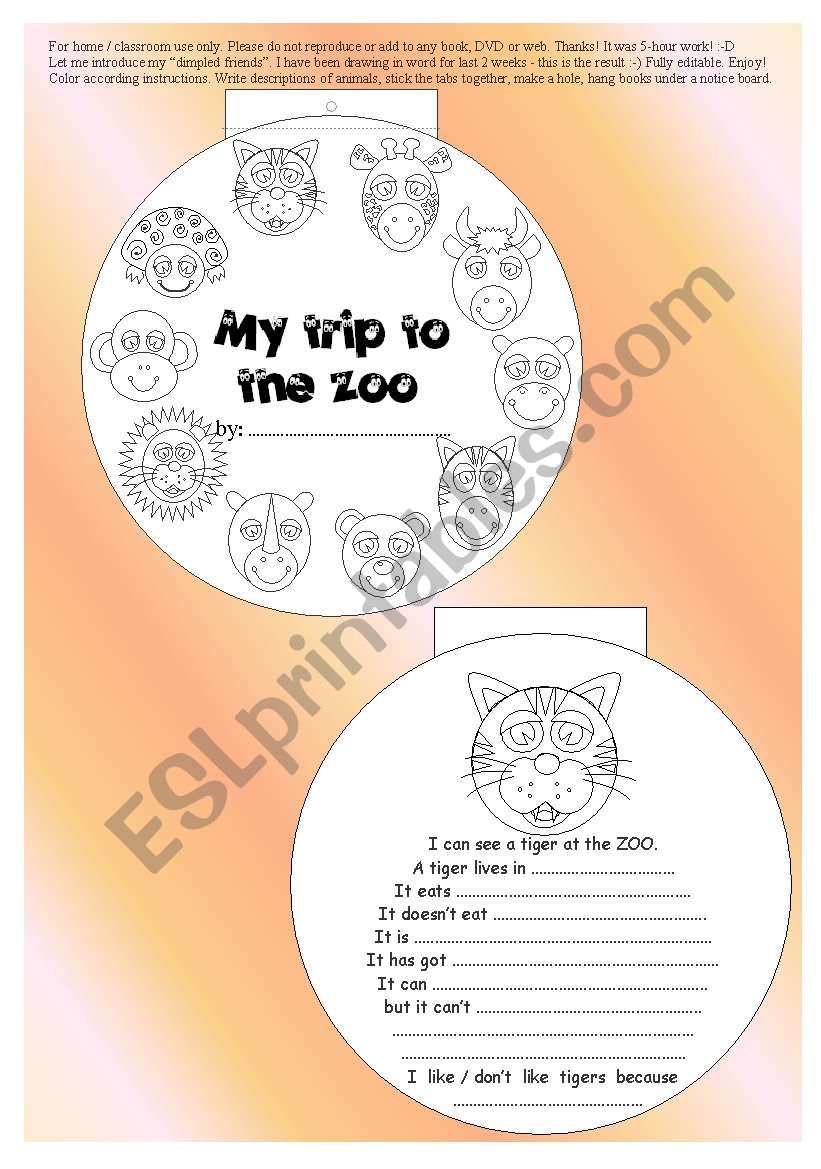 original 10-paged ANIMAL MINIBOOK + 5 exercises - read + vocab + rephrase... BW, printer friendly, EDITABLE ((7_pages))