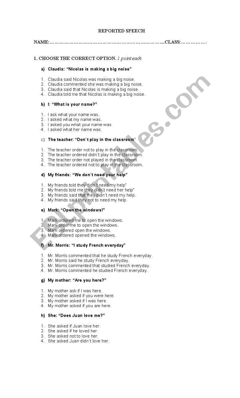 REPORTED SPEECH worksheet