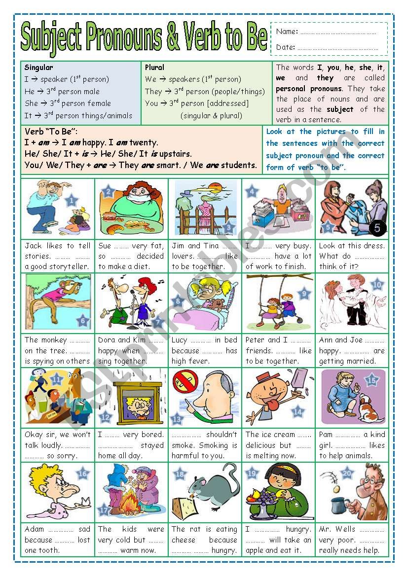 Subject Pronouns & Verb to Be - ESL worksheet by missola