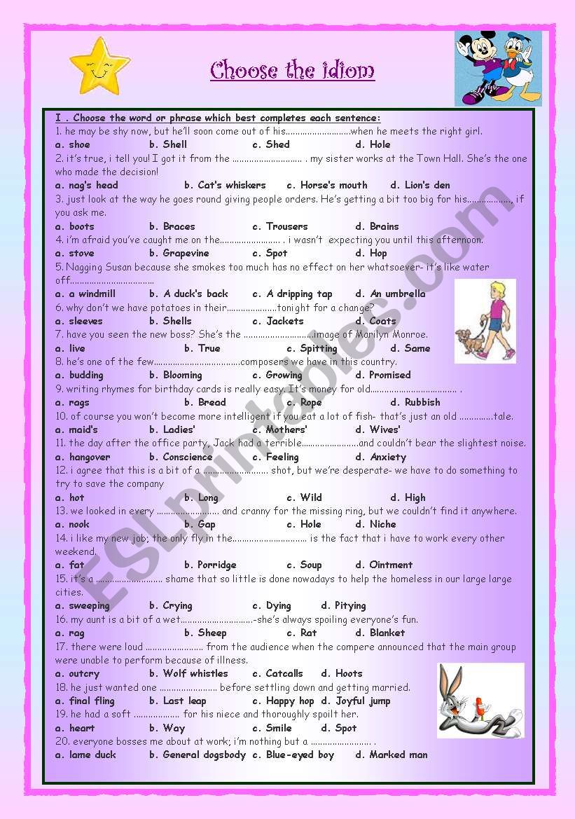 Choose The Correct Word To Form A Sentence With Idioms ESL Worksheet By Roxette