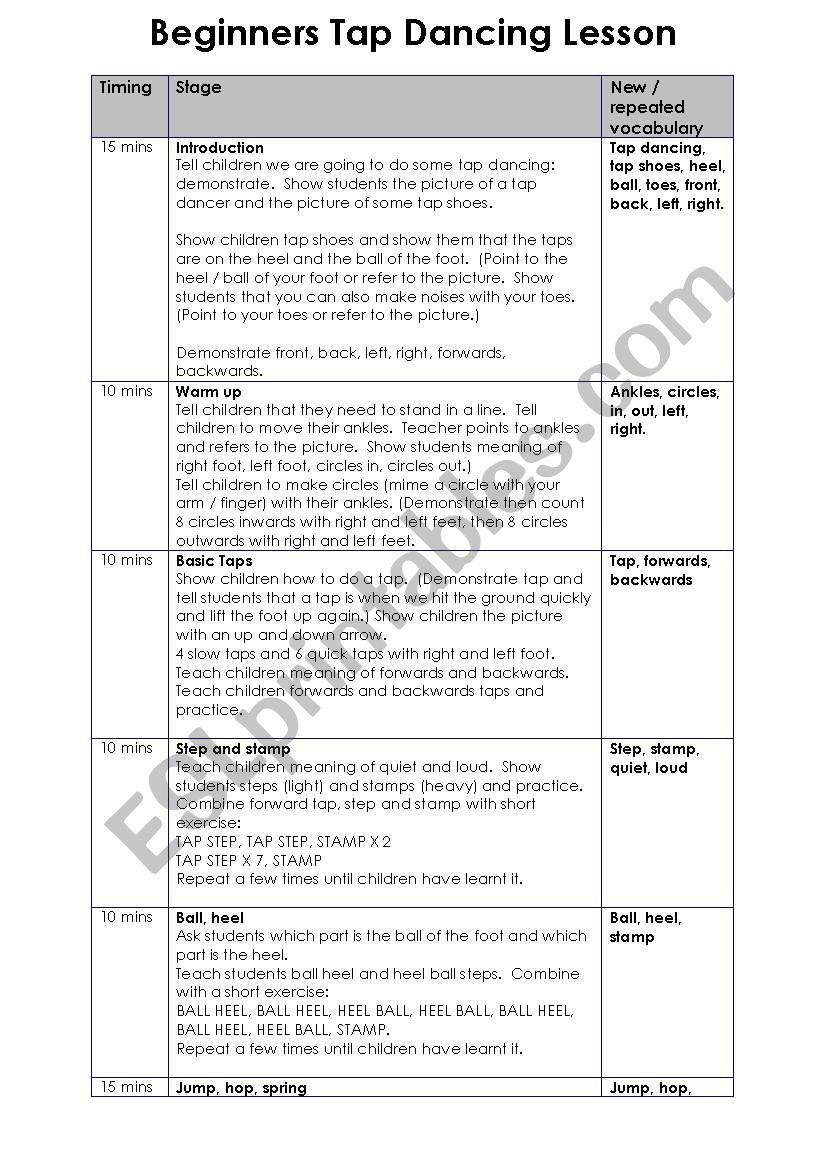 English worksheets Beginners´ Tap Dancing Lesson