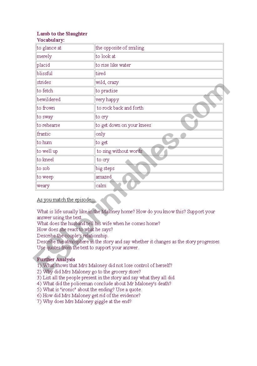  Lamb to Slaughter worksheet