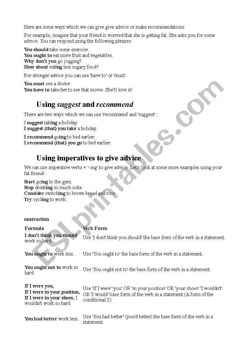 Giving advice worksheet