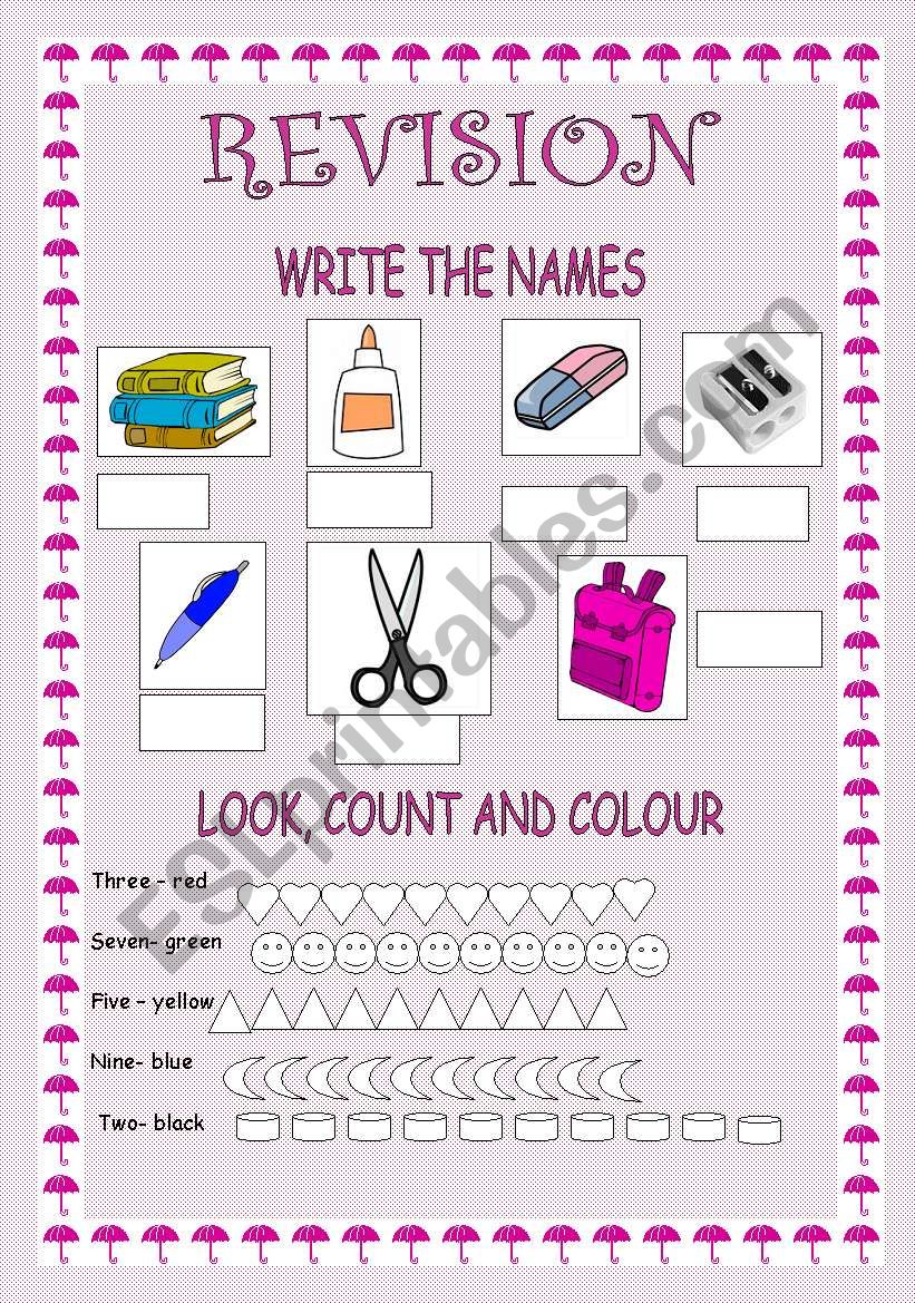 REVISION OF SCHOOL OBJECTS, COLOURS AND NUMBERS