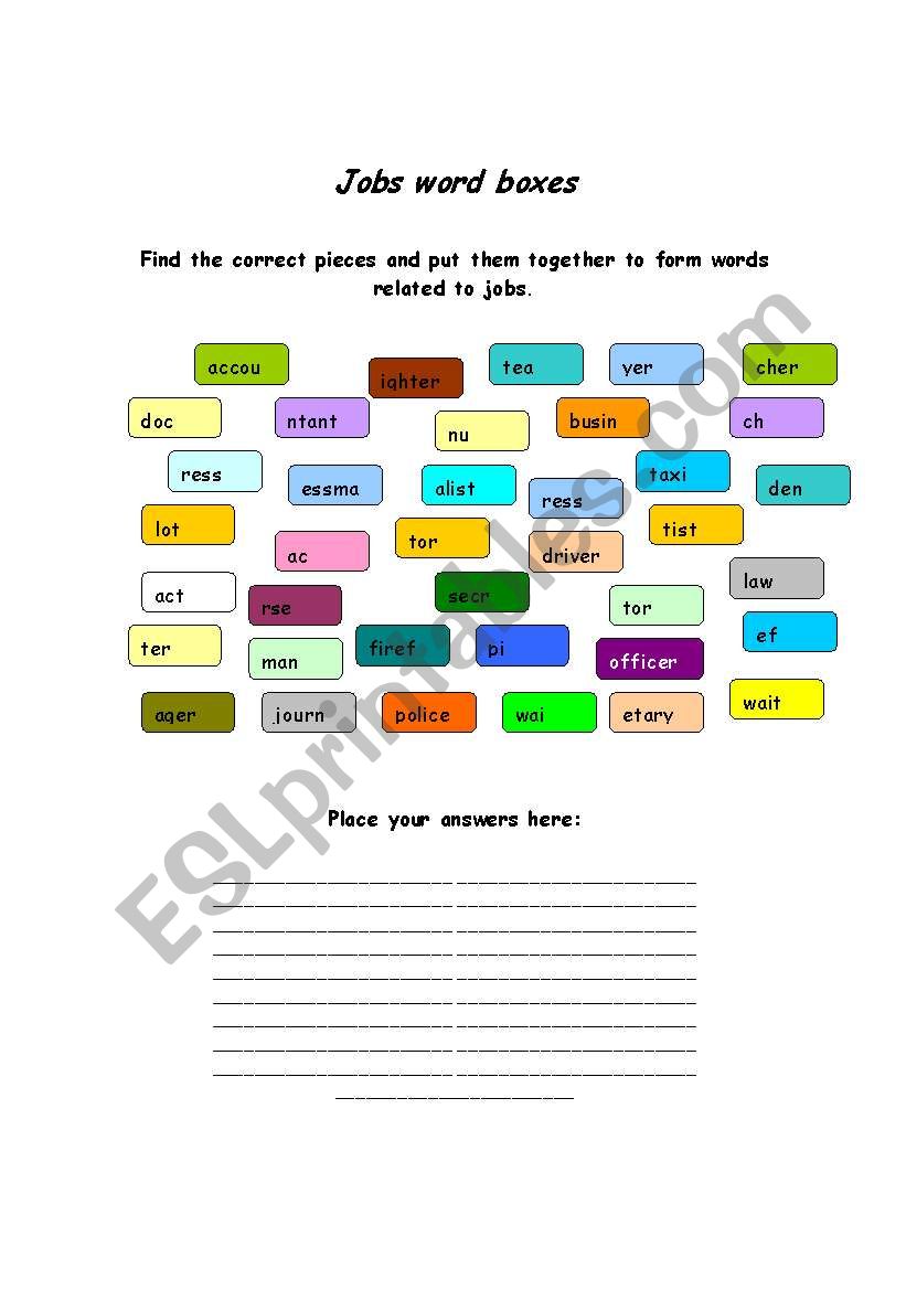 Job word boxes worksheet