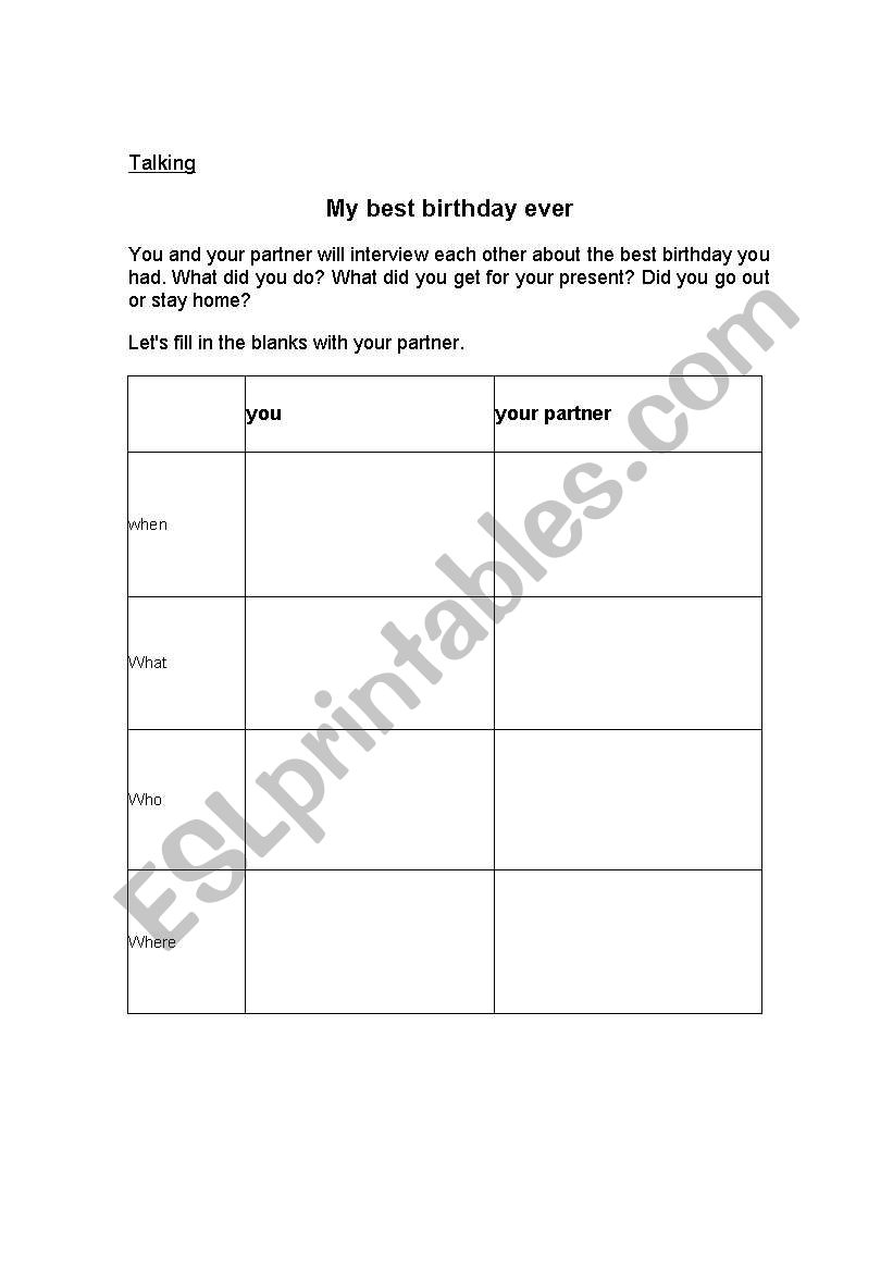 Birthday worksheet