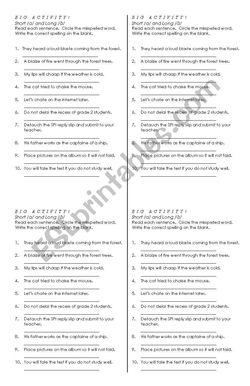 Spelling Activity - long a and short a sounds