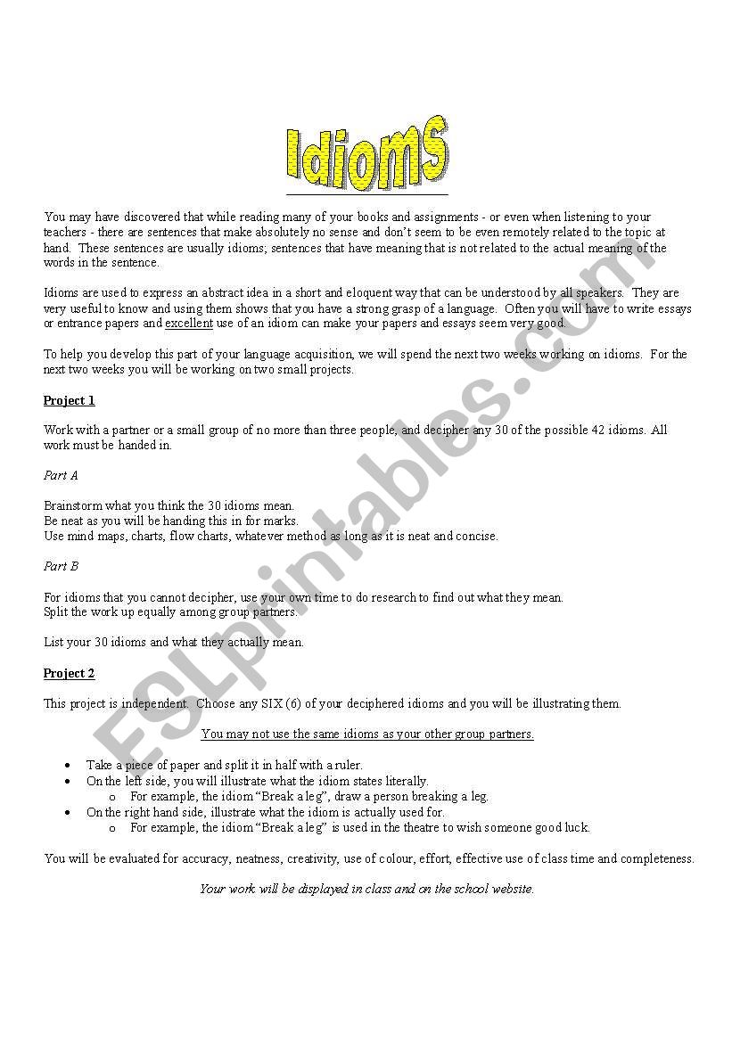 Idioms worksheet Idioms worksheet