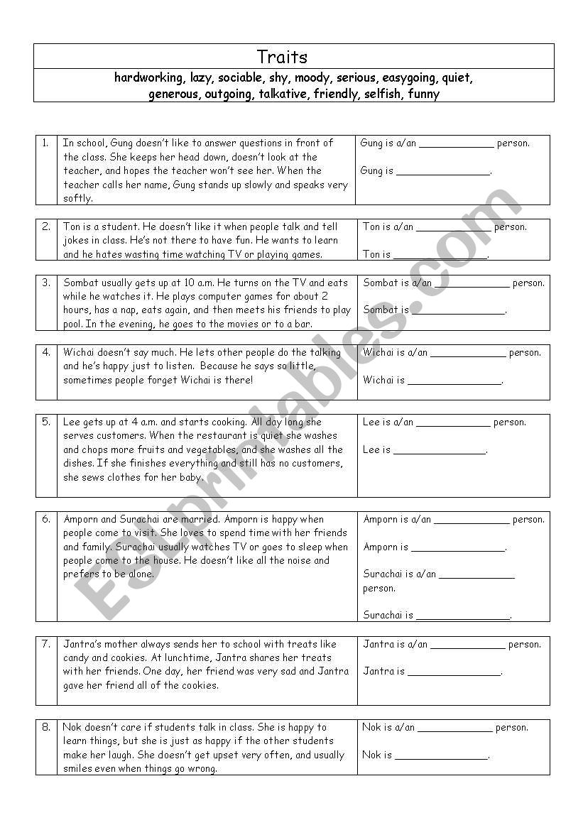 Personality Traits worksheet