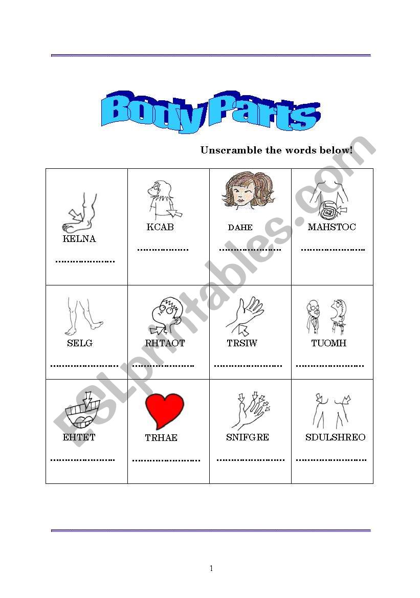 Unscramble the Body Parts worksheet