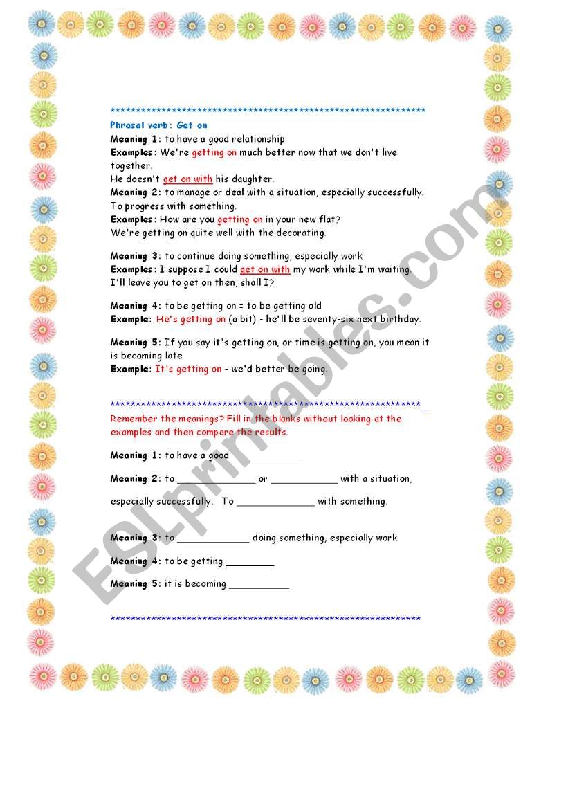 get on - meanings worksheet