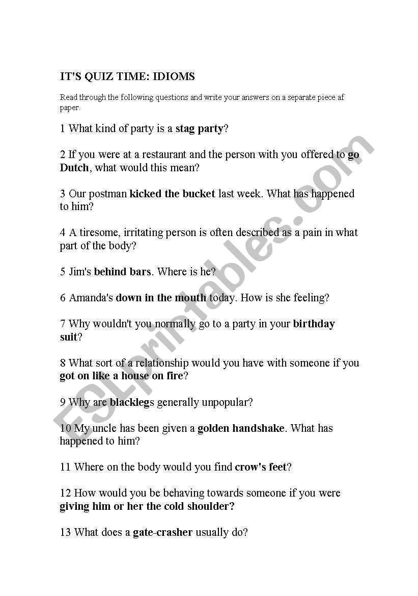 Quiz idiom worksheet.. worksheet