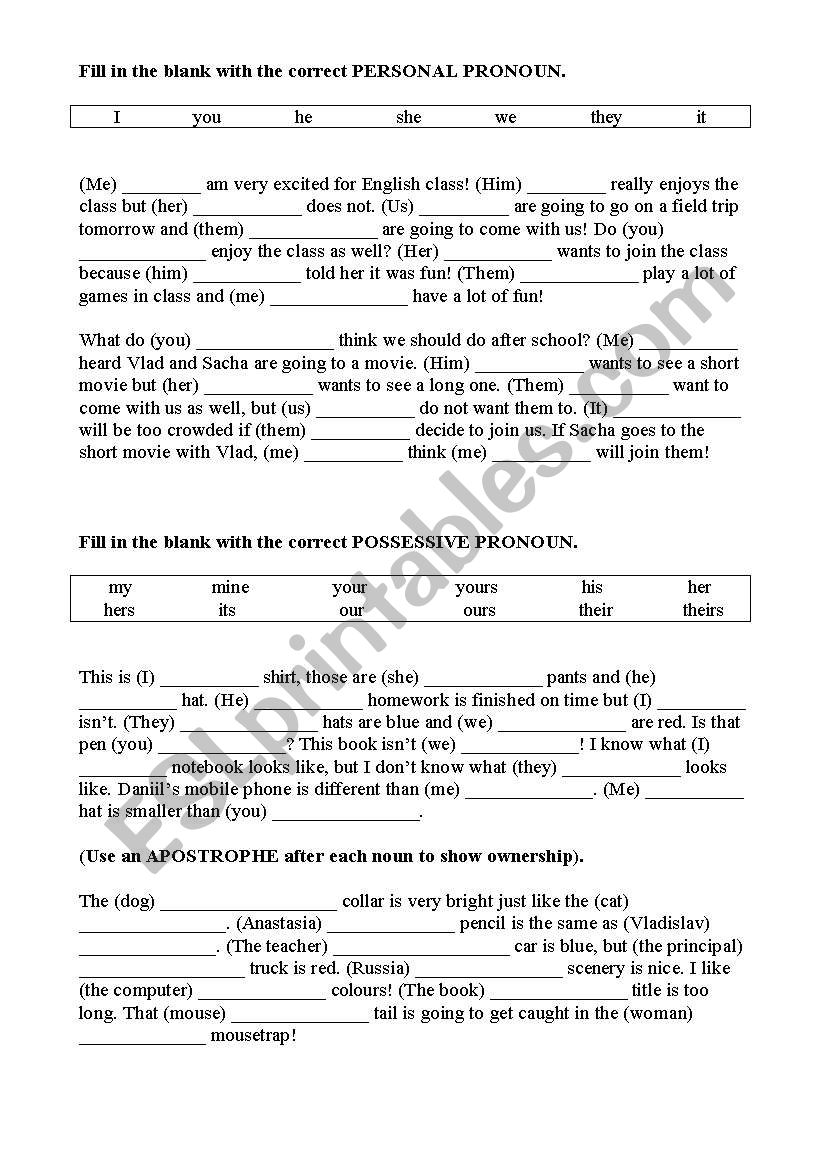 Personal and Possessive Pronoun Worksheet