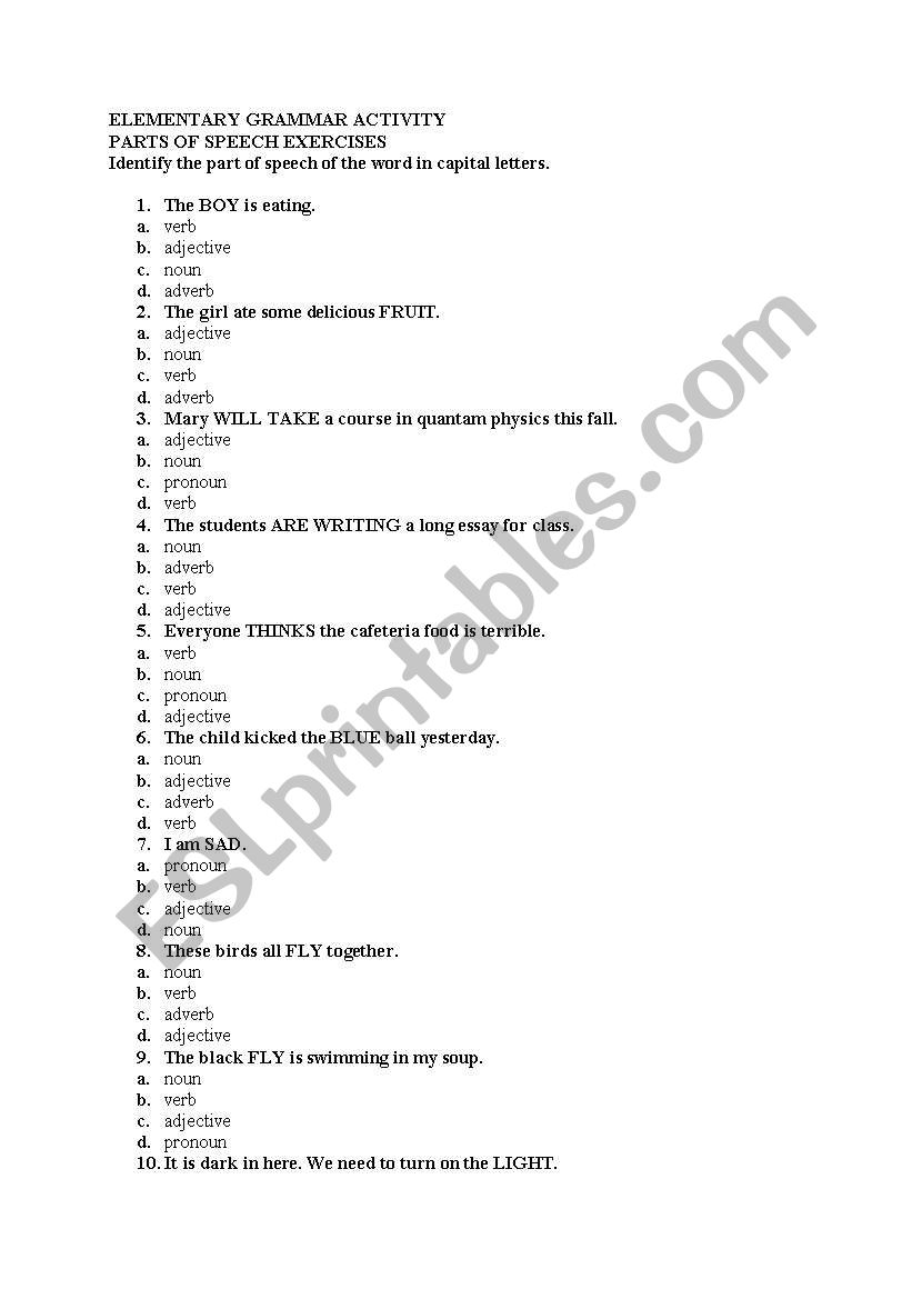 parts of speech worksheet