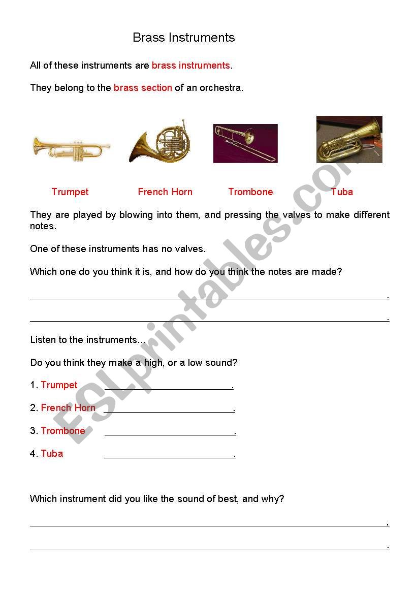 Brass Instruments worksheet