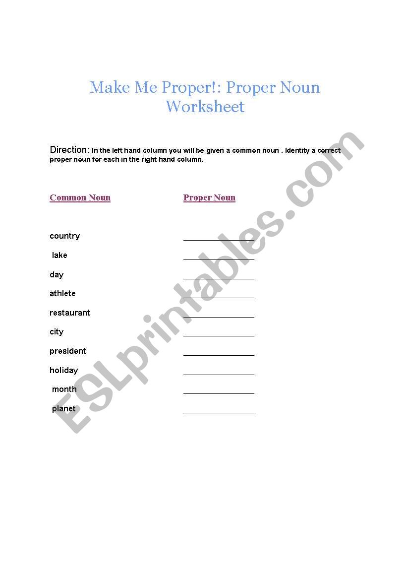 Proper Nouns worksheet