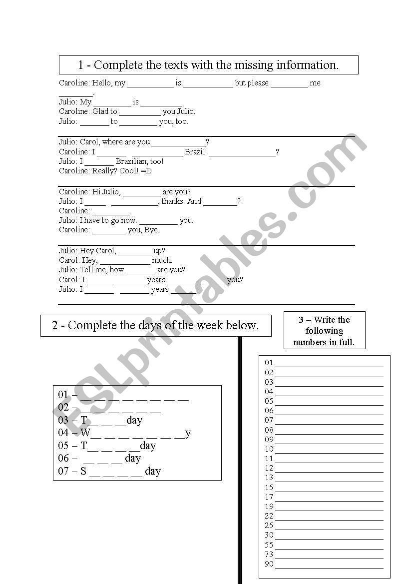 Complete the text + Days of the week + Numbers