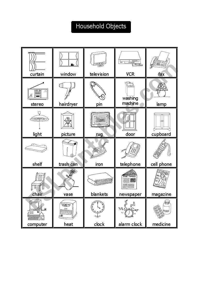 Household Objects Pictionary worksheet