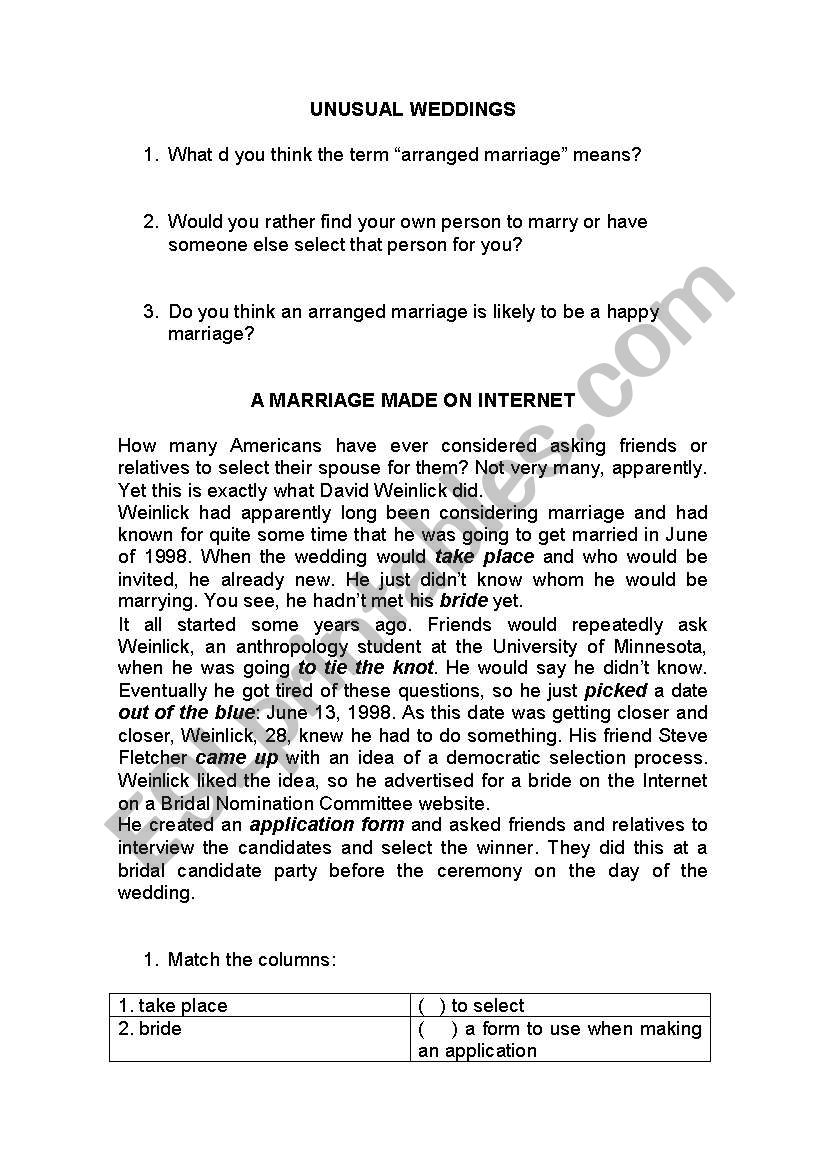 UNUSUAL WEDDING worksheet