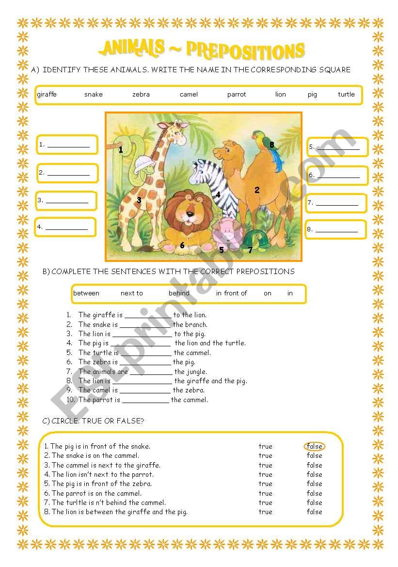 ANIMALS AND PREPOSITIONS worksheet