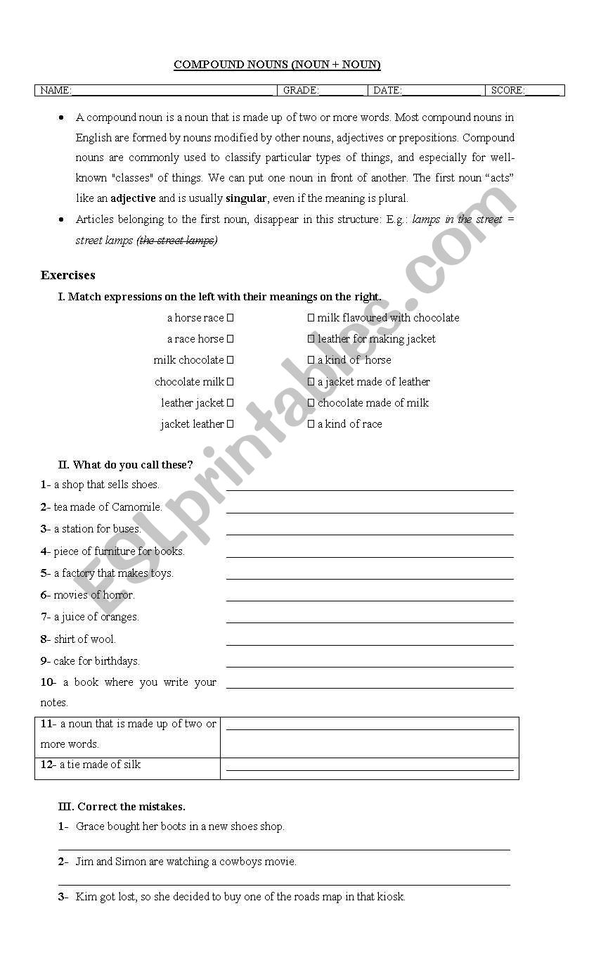 compound nouns worksheet