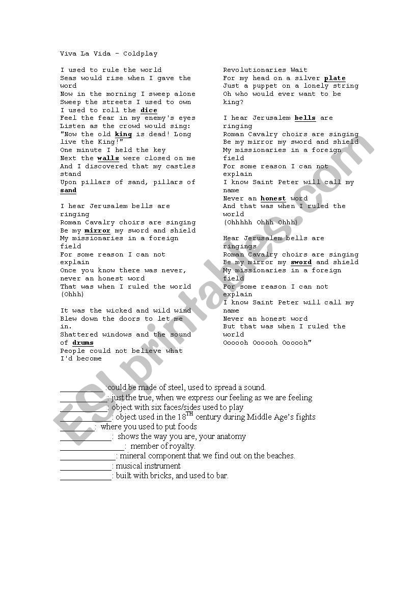 viva la vida worksheet