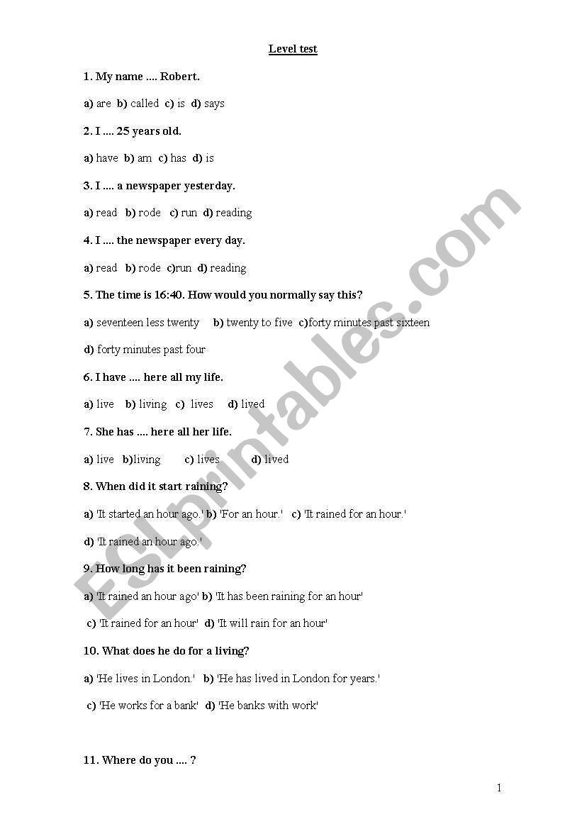 Level Test worksheet