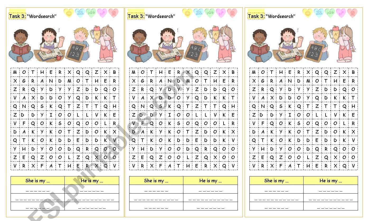 Family members wordsearch worksheet