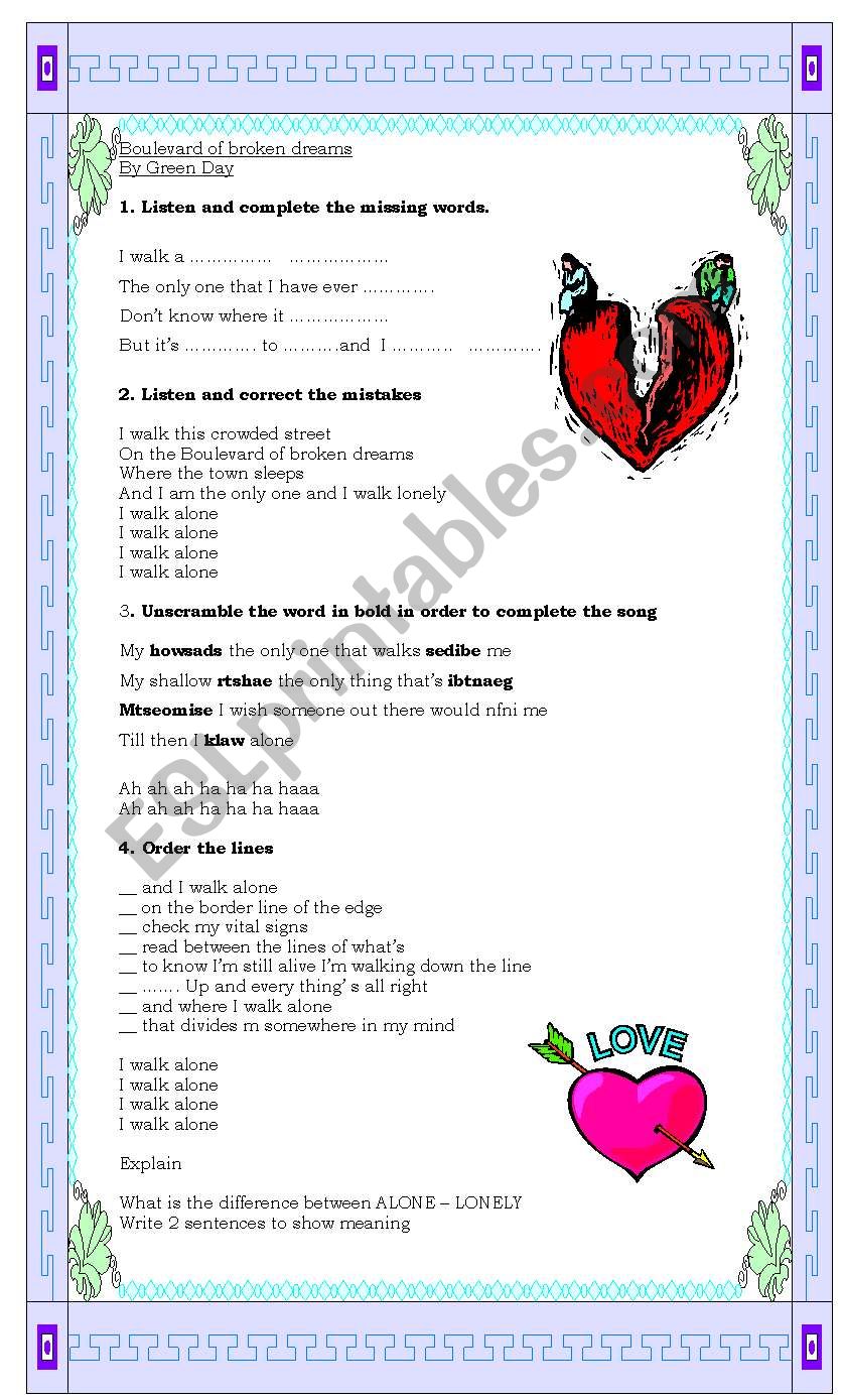 Boulvard of broken dreams worksheet