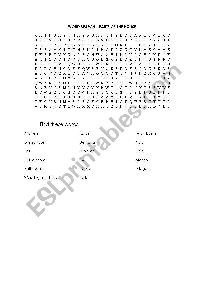 House word search worksheet