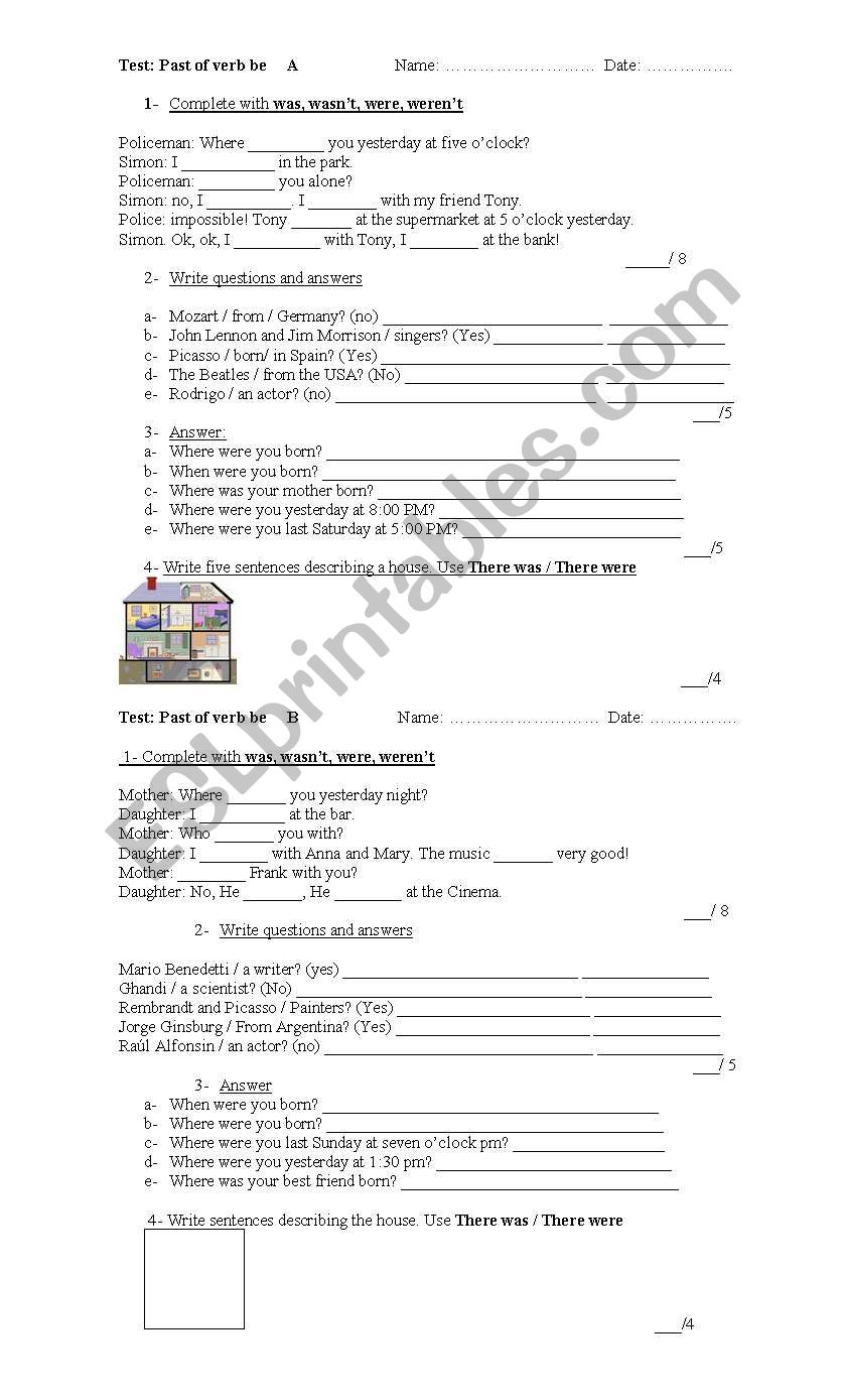 Tests: Past of verb be -A and B 