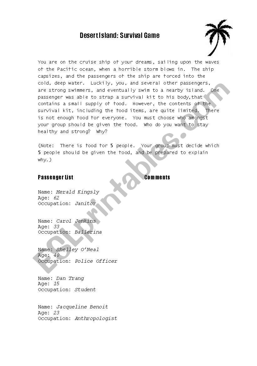 Desert Island Survival Game Communicative Speaking Activity Esl Worksheet By Ying K 