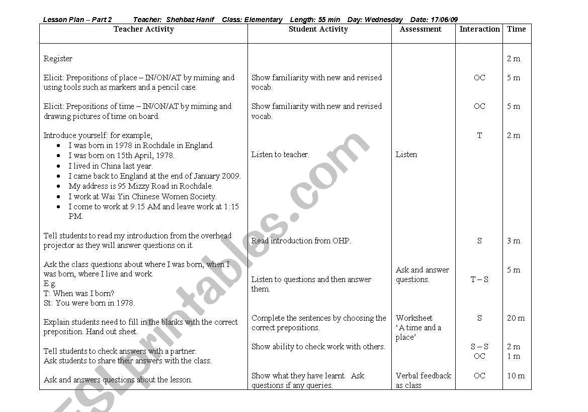 Prepositions IN/ON/AT worksheet