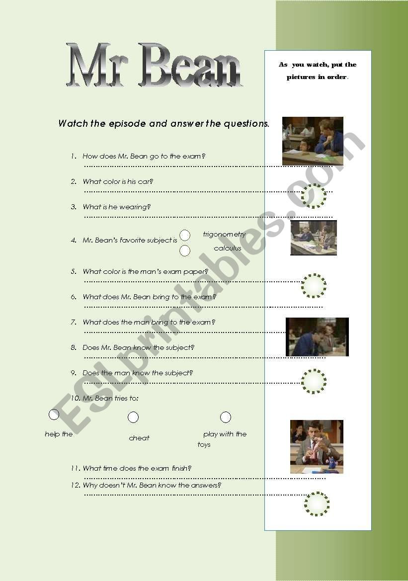 Mr Bean test worksheet