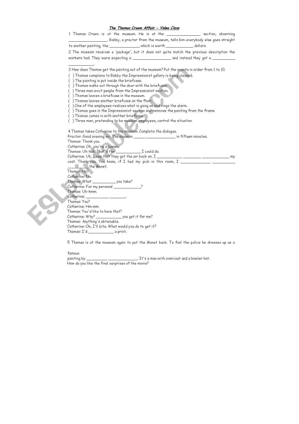 THE THOMAS CROWN AFFAIR worksheet