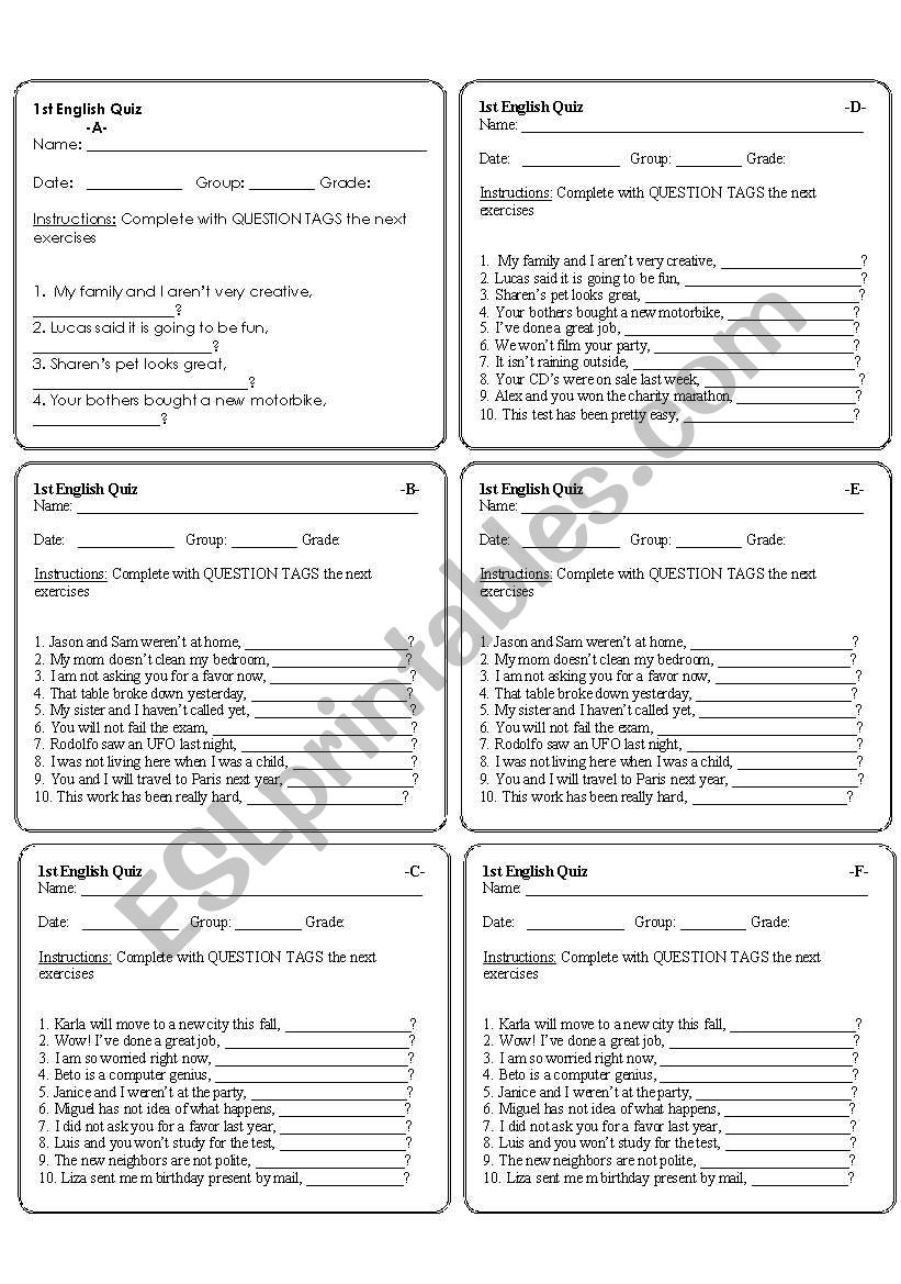 Tag questions-Quiz worksheet