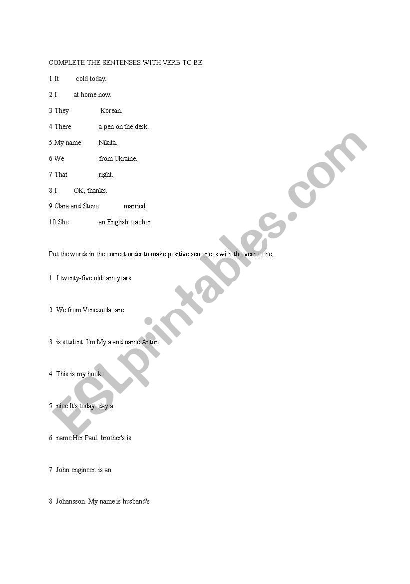 verb to be worksheet