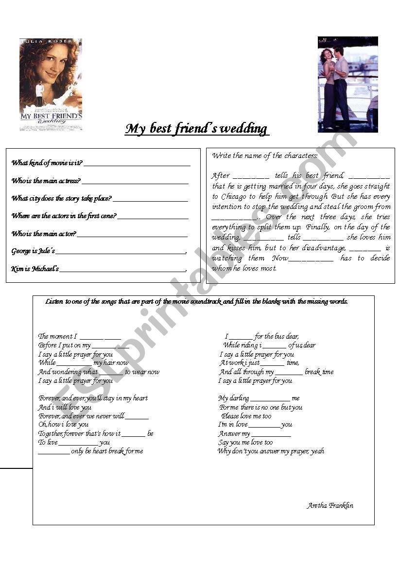 My best friends wedding worksheet