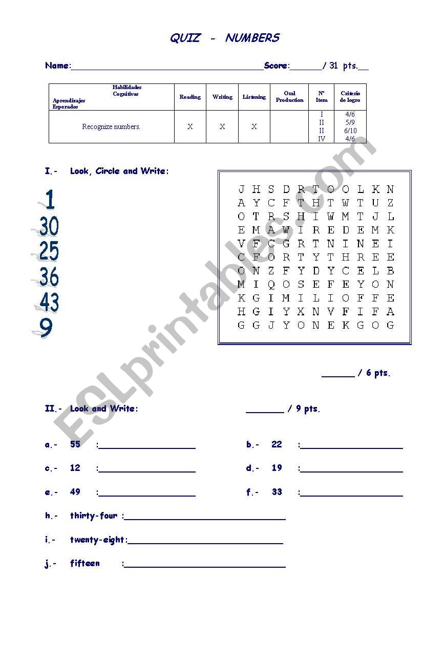 QUIZ NUMBERS worksheet