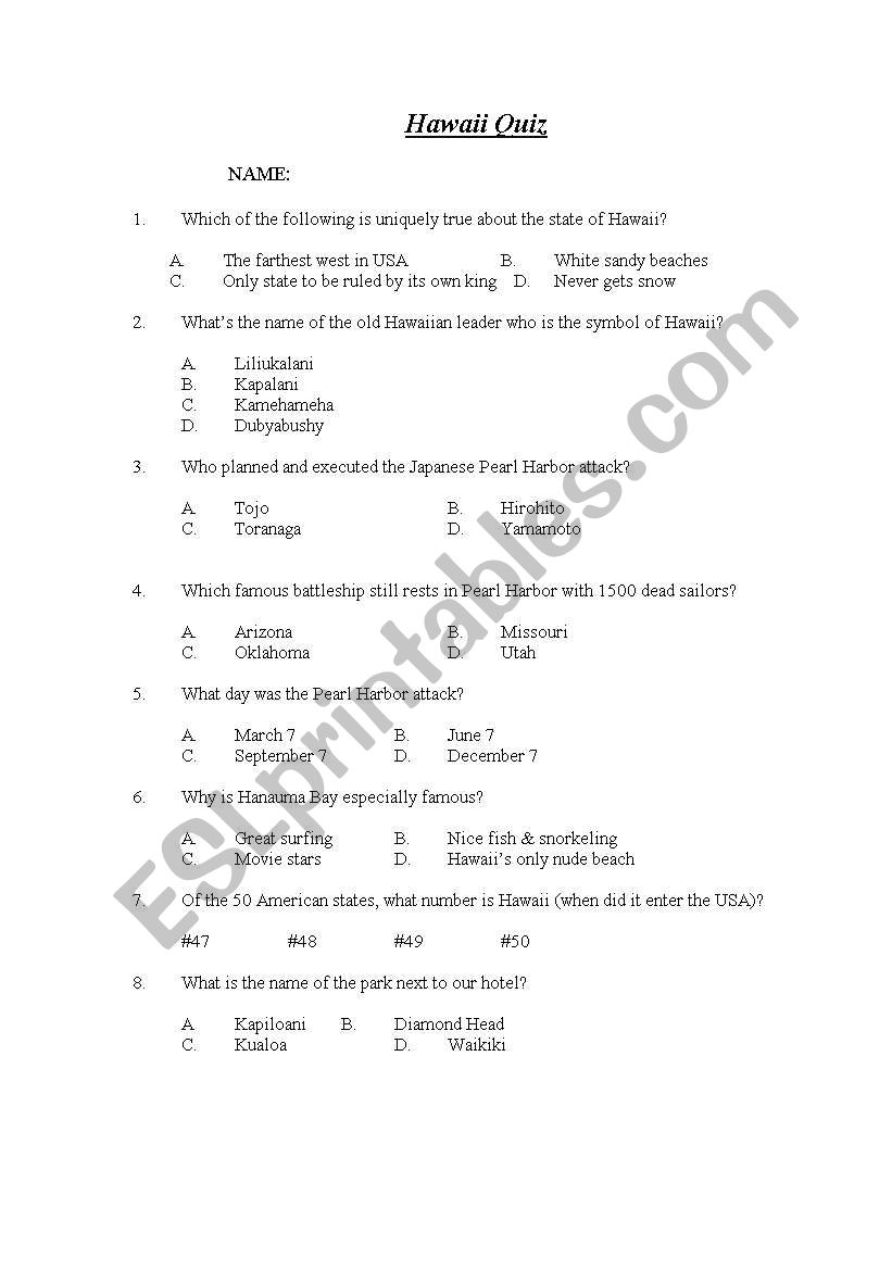 Hawaii General Knowledge Quiz worksheet