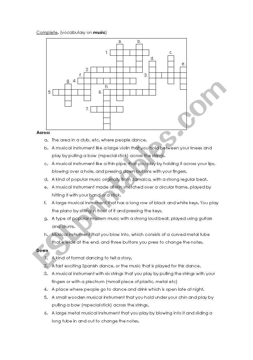 Crossword on music vocabulary worksheet