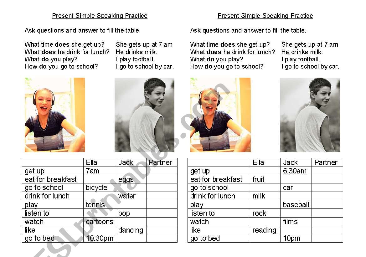 Present Simple Speaking Practice Gapfill