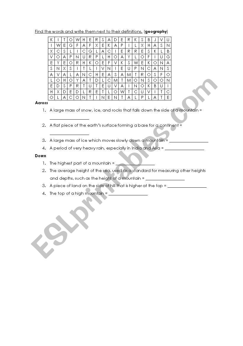Wordsearch puzzle on geography