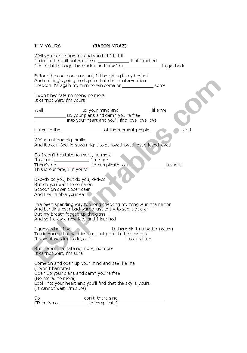 IM YOURS - SONG ACTIVITY worksheet
