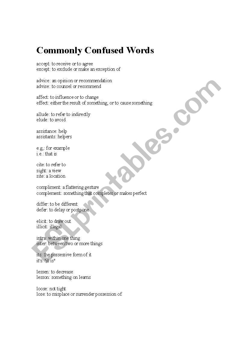 Commonly confused words worksheet