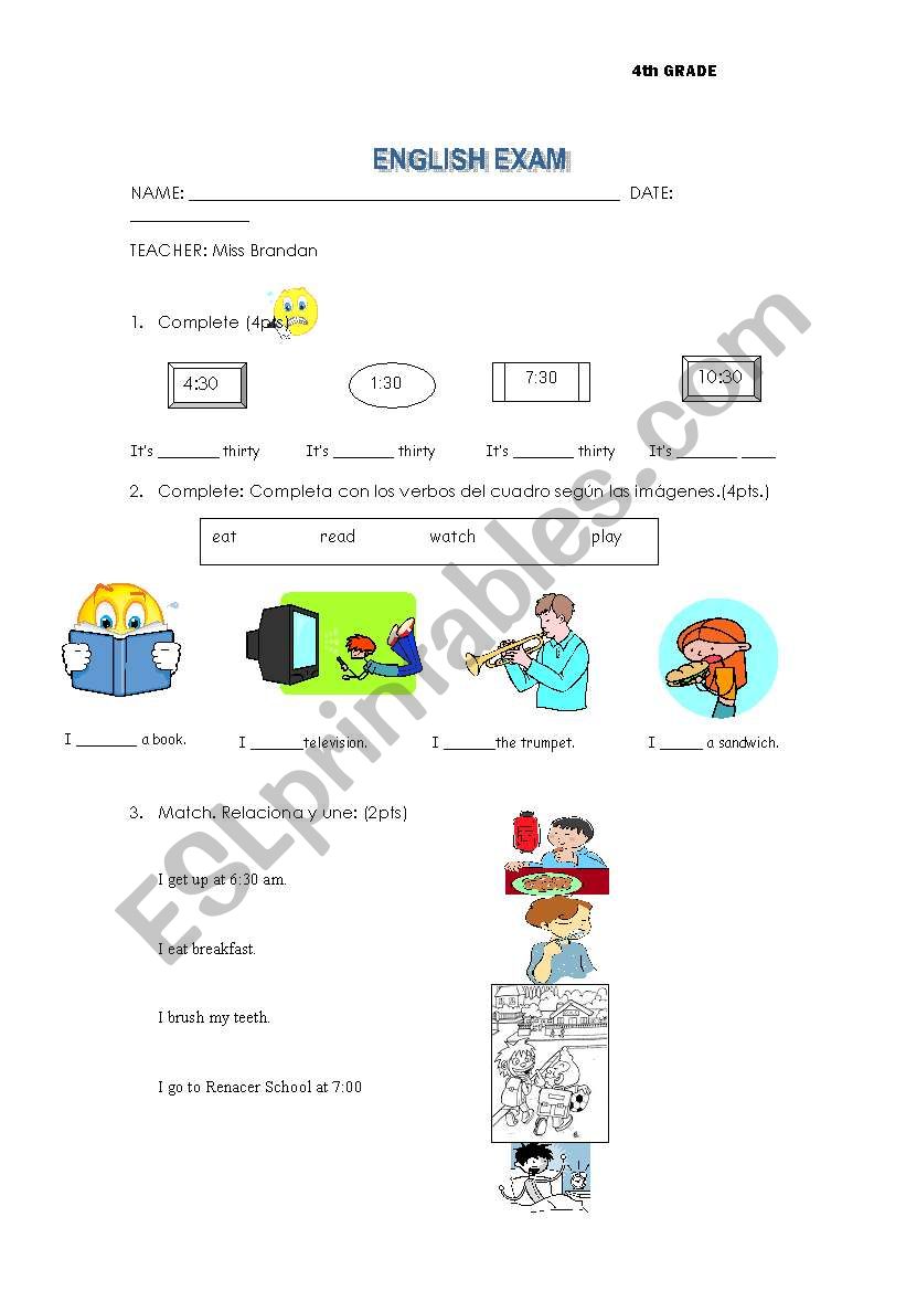 Test 4th grade . Present Simple, the time and subjects.