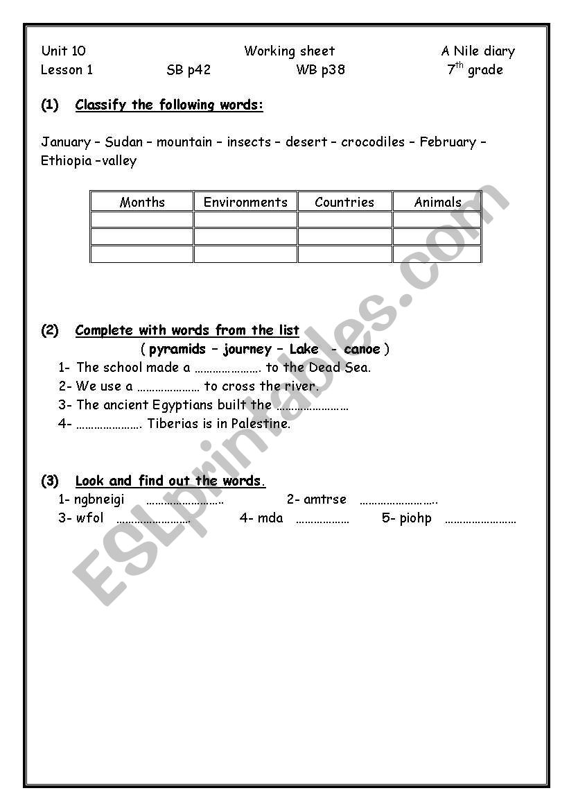 A nile diary  worksheet