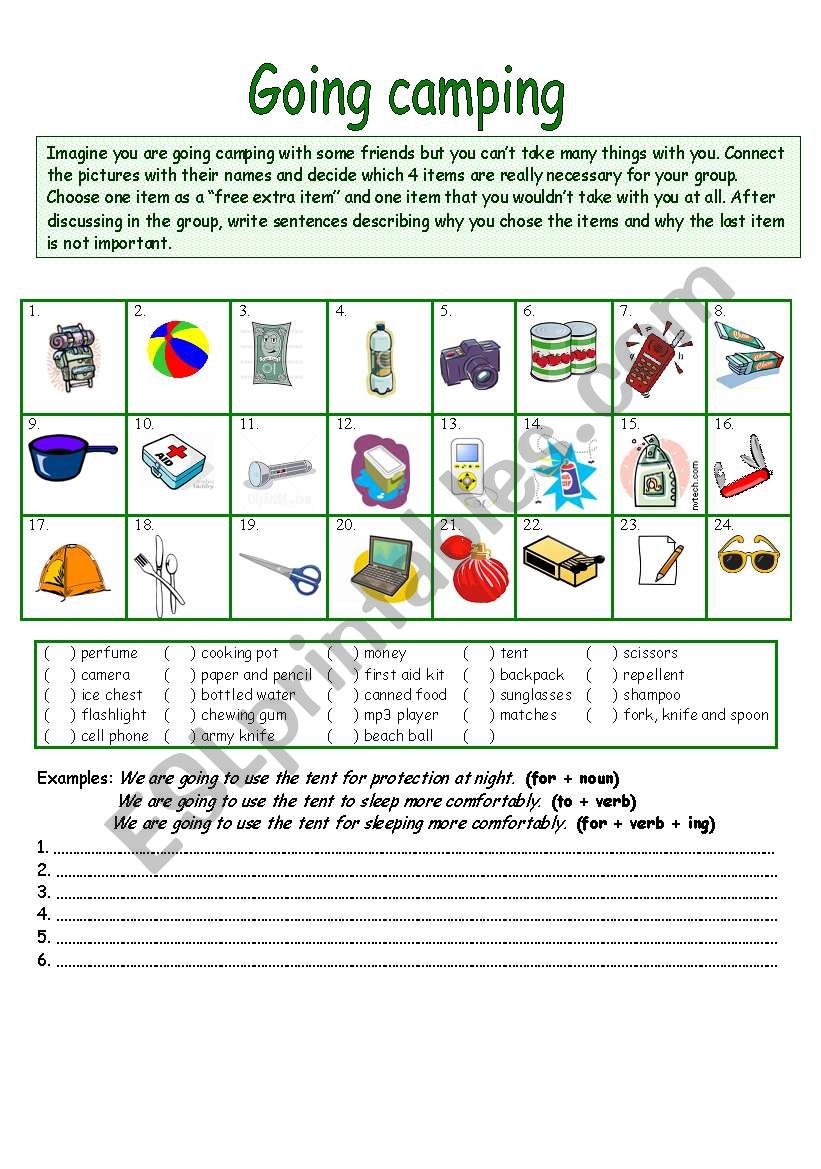 Going camping worksheet